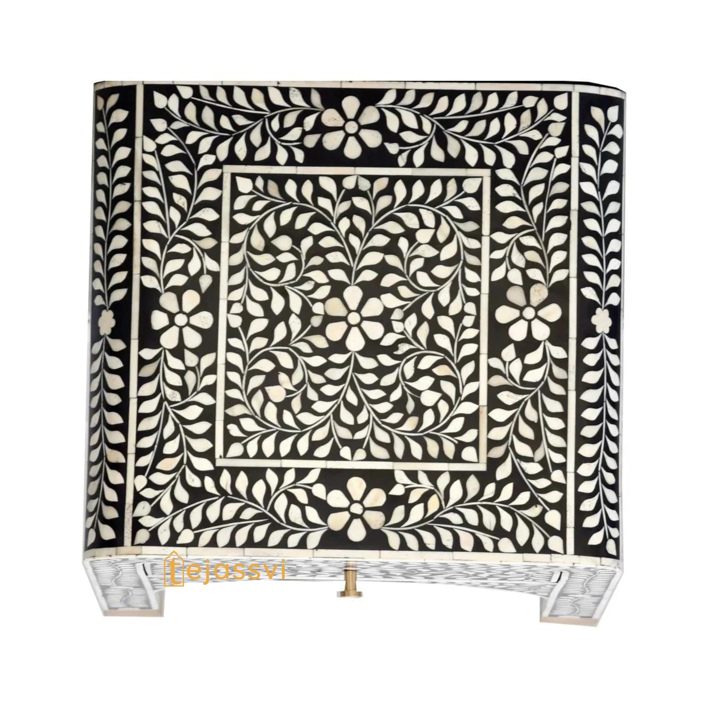 Bone Inlay Curved Bedside Floral Table, Buffet, Bone Inlay Bedside Wooden Modern Floral Bedside /Side table / 1 Drawer Bone Inlay Nightstand