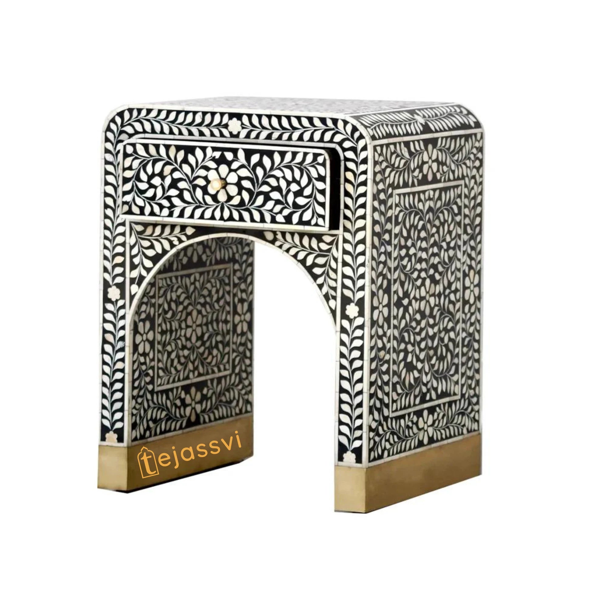 Bone Inlay Curved Bedside Floral Table, Bedside, Bone Inlay Bedside Wooden Modern Floral Bedside /Side table / 1 Drawer Bone Inlay Nightstand.