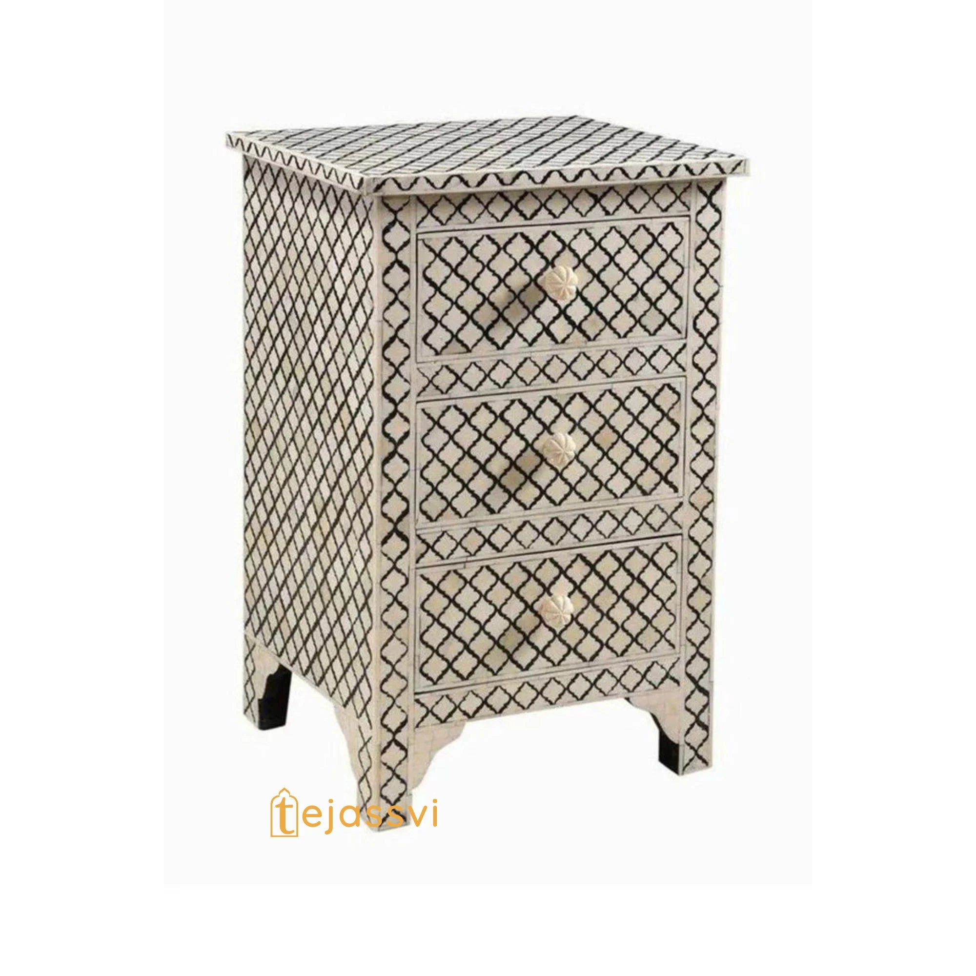 Bone Inlay 3-Drawer Nightstand | Handmade Bone Inlay Lamp Side Table / Bedside Table / Chest of 3-Drawer/ Bone Inlay Furniture.