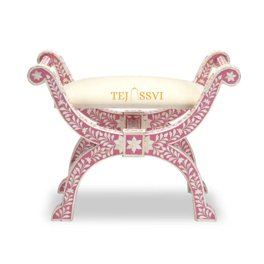 HANDMADE BONE INLAY Floral Pink Jenny Stool | Bone Inlay chair | Modern Luxury Furniture