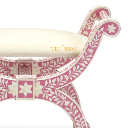 HANDMADE BONE INLAY Floral Pink Jenny Stool | Bone Inlay chair | Modern Luxury Furniture