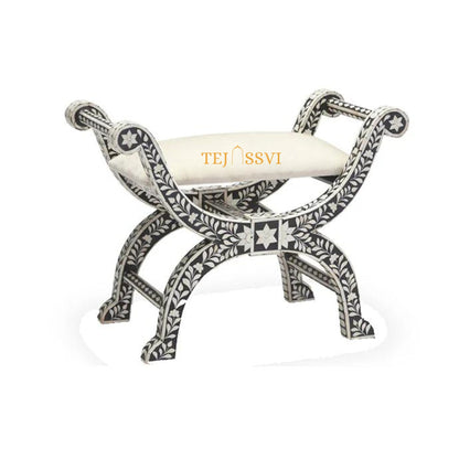 HANDMADE BONE INLAY Floral Black Jenny Stool | Bone Inlay chair | Modern Luxury Furniture