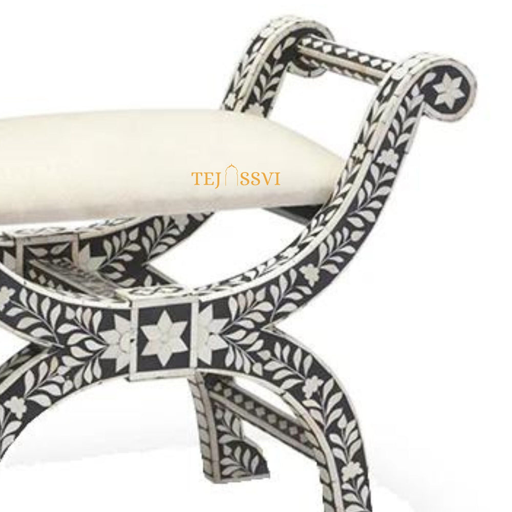 Hnadmade Bone Inlay Floral Black Jenny Stool | Bone Inlay chair | Modern Luxury Furniture
