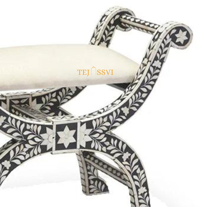 HANDMADE BONE INLAY Floral Black Jenny Stool | Bone Inlay chair | Modern Luxury Furniture