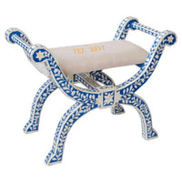 Handmade Bone Inlay Stool Floral Blue Jenny Chair, Modern Accent Furniture / Wooden Bone Inlay stool for home decor.