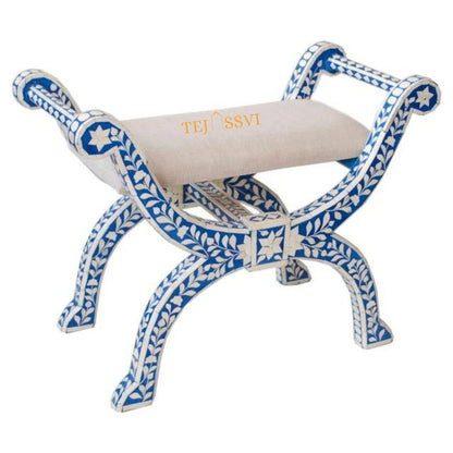 Handmade Bone Inlay Stool: Floral Blue Jenny Chair, Modern Accent Furniture