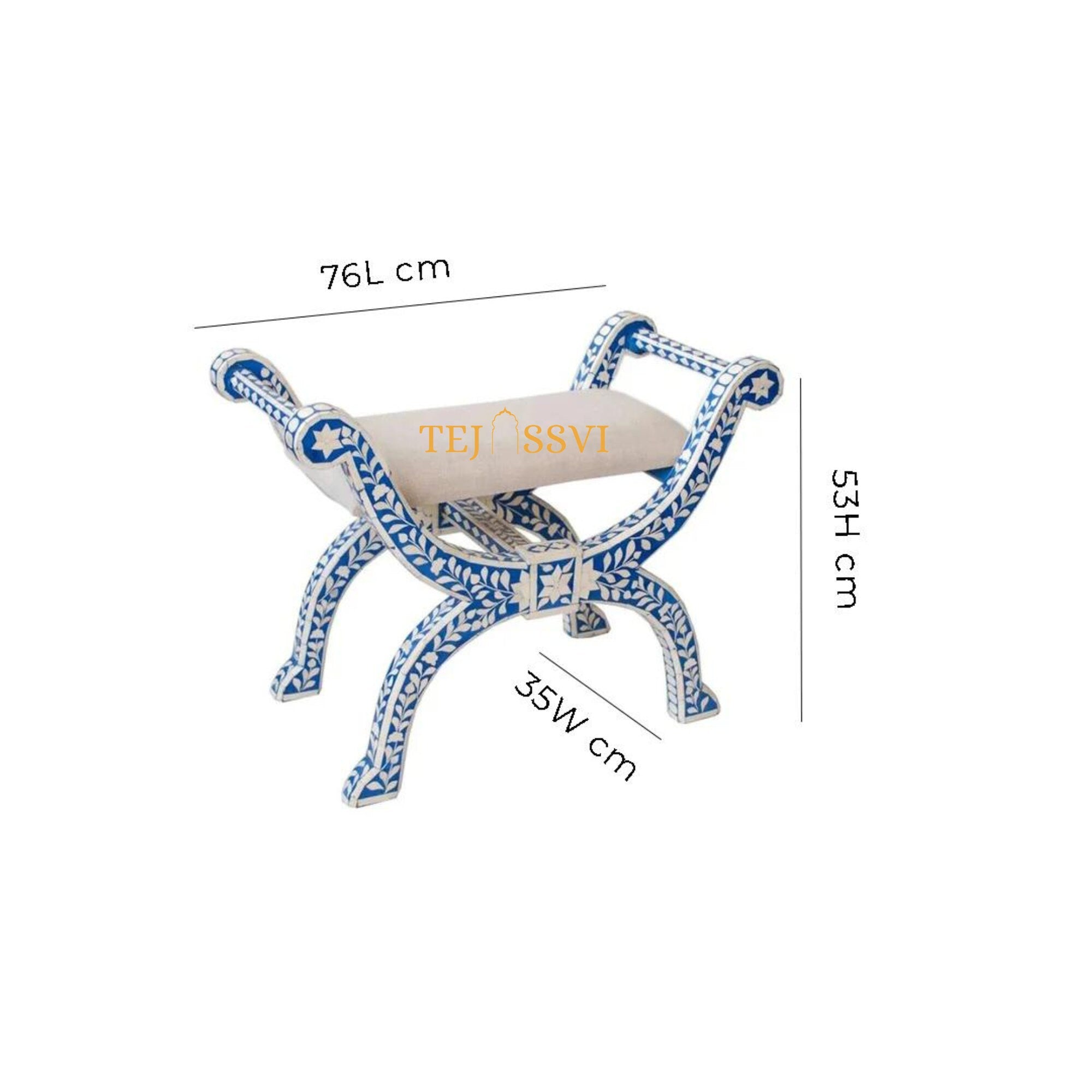 Handmade Bone Inlay Stool Floral Blue Jenny Chair, Modern Accent Furniture / Wooden Bone Inlay stool for home decor.