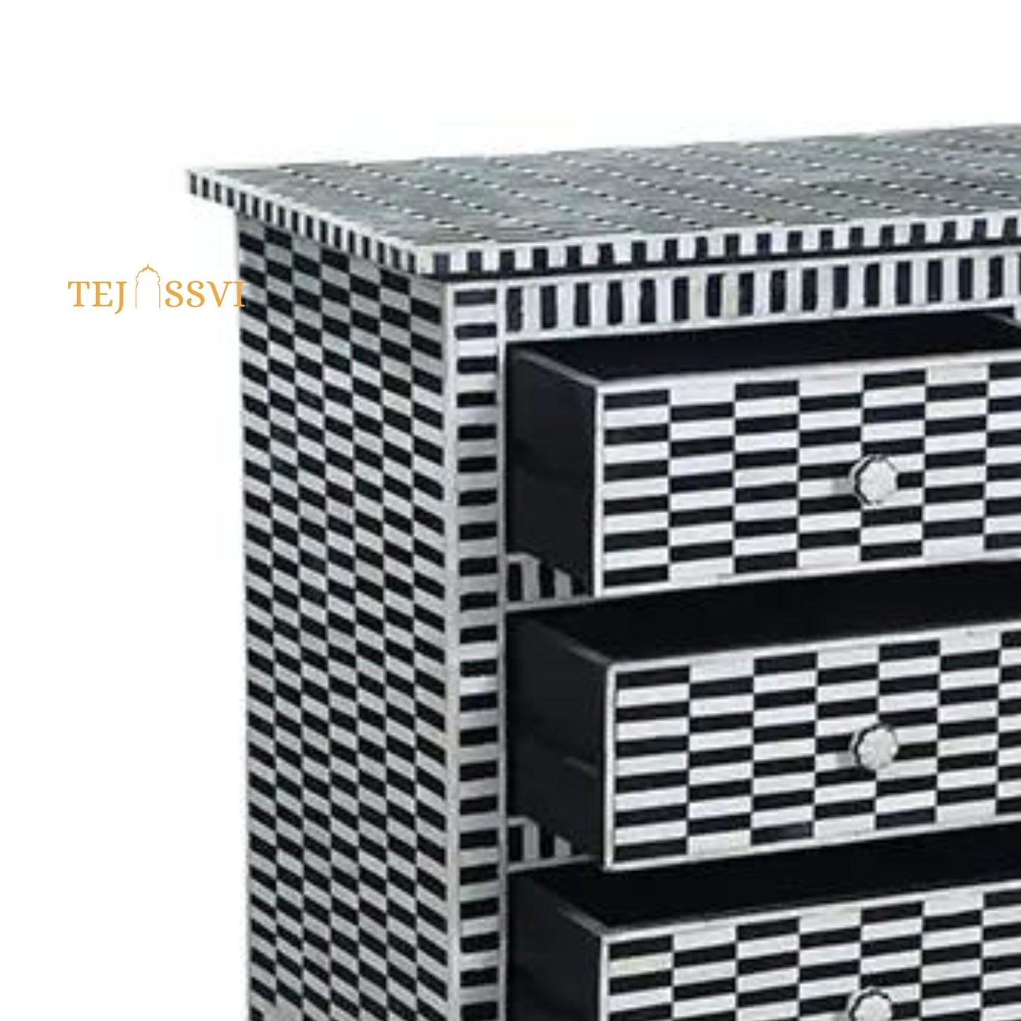 Handmade Bone inlay stripe black & white Bedside Table | Bone inlay Nightstand/Bone Inlay side table/Bone Inlay 4 chest of drawers /Dresser