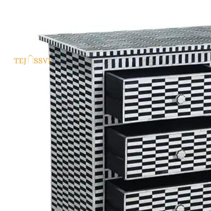 Handmade Bone inlay stripe black & white Bedside Table | Bone inlay Nightstand/Bone Inlay side table/Bone Inlay 4 chest of drawers /Dresser