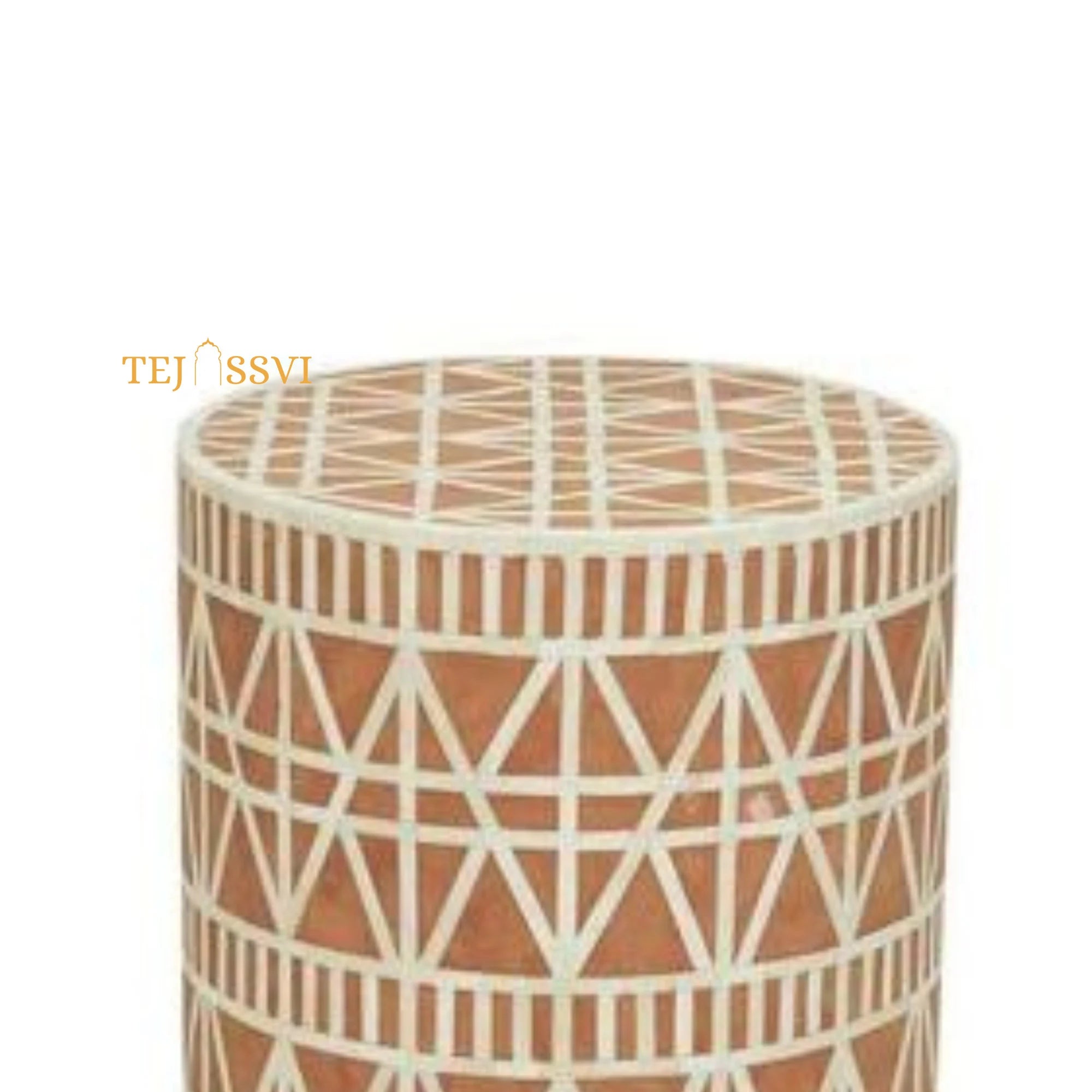 Bone Inlay Handmade Modern Cylindrical Design Side Table | Round Bone Inlay Stool in Orange Color | Sofa Side Table | Modern Luxury Furniture.