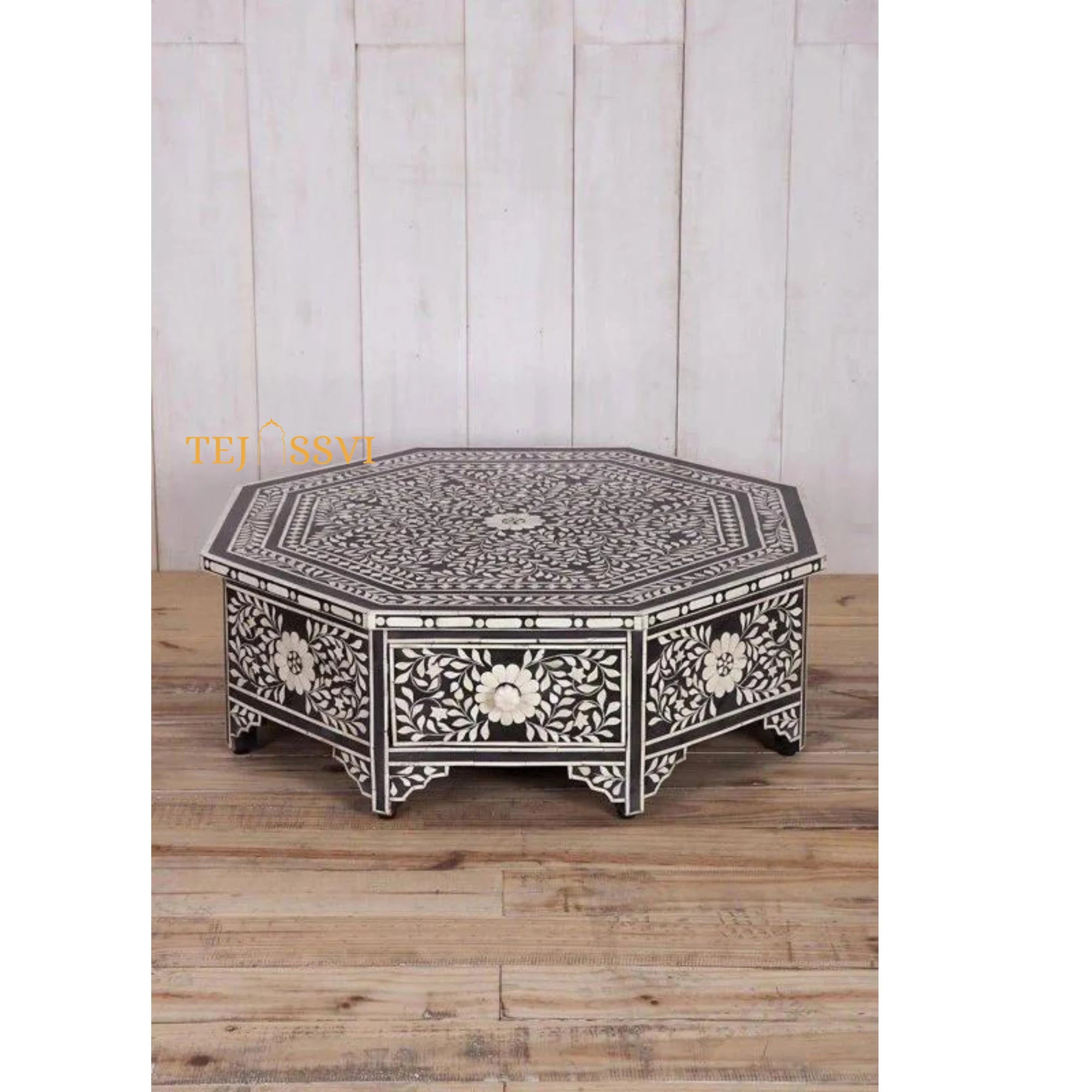 Handmade Floral Design Bone inlay Octagonal Coffee Table with Drawers, Floral Laptop Table, Bone Inlay  Cocktail Table, Modern Furniture