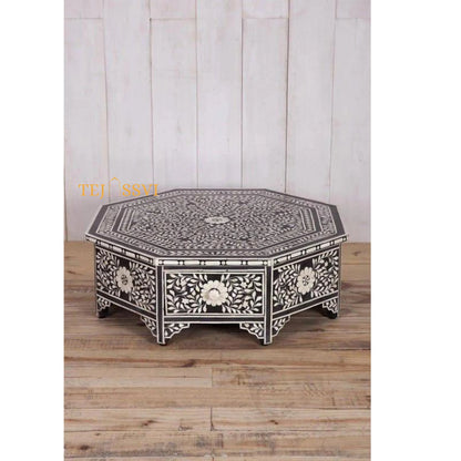 Handmade Floral Design Bone inlay Octagonal Coffee Table with Drawers, Floral Laptop Table, Bone Inlay  Cocktail Table, Modern Furniture
