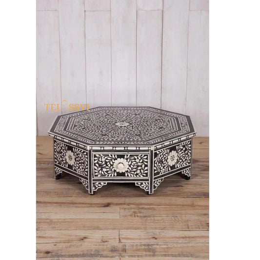 Handmade Floral Design Bone inlay Octagonal Coffee Table with Drawers, Floral Laptop Table, Bone Inlay  Cocktail Table, Modern Furniture