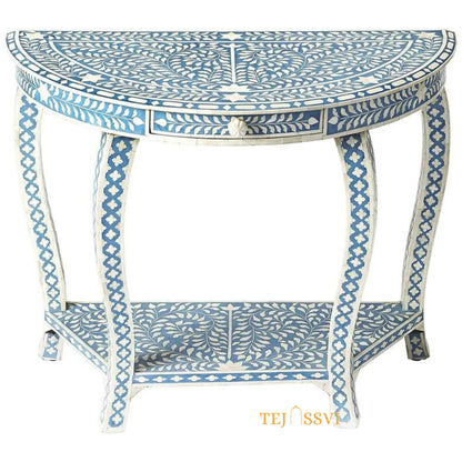 Handmade Bone Inlay Console Table, BONE INLAY TABLE, Semi-Round Coffee Table, Floral design bedside Table, Bone Inlay Cocktail Table