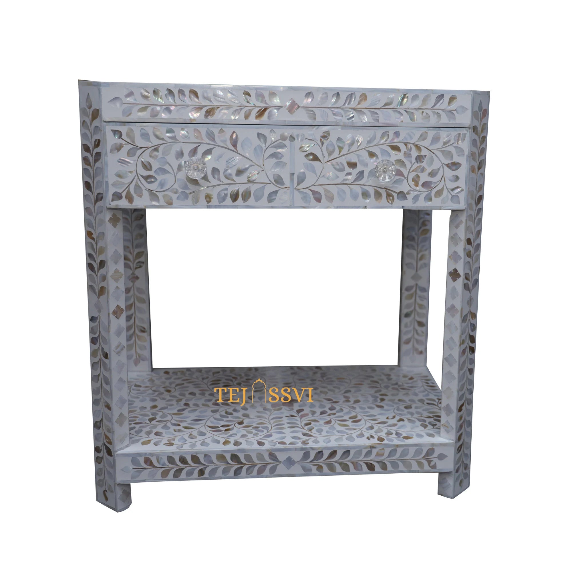 Mother of Pearl Inlay Floral 1 Drawer 1 Shelf Bedside Table / Bone Inlay Wooden Floral Bedside / Bone Inlay Side table / Nightstand 1 Drawer.