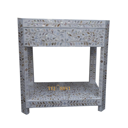 Mother of Pearl Inlay Floral 1 Drawer 1 Shelf Bedside , Bone Inlay Wooden Floral Bedside /Side table /Nightstand 1 Drawer