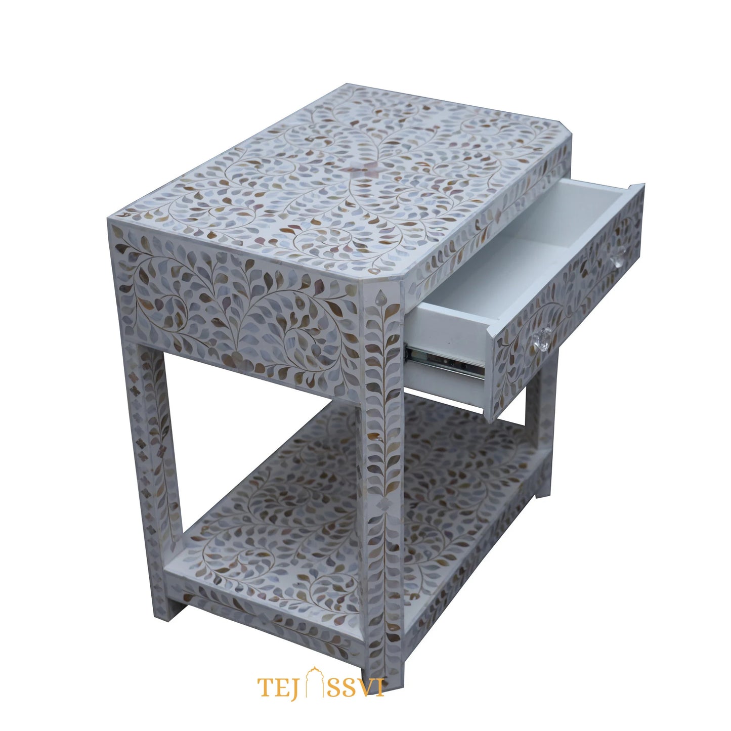 Mother of Pearl Inlay Floral 1 Drawer 1 Shelf Bedside , Bone Inlay Wooden Floral Bedside /Side table /Nightstand 1 Drawer