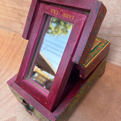 Antique Indian Shaving Box with Mirror: Reclaimed Wood & Brass / wooden hand painted saving box/ wooden box/ painting box with mirror .