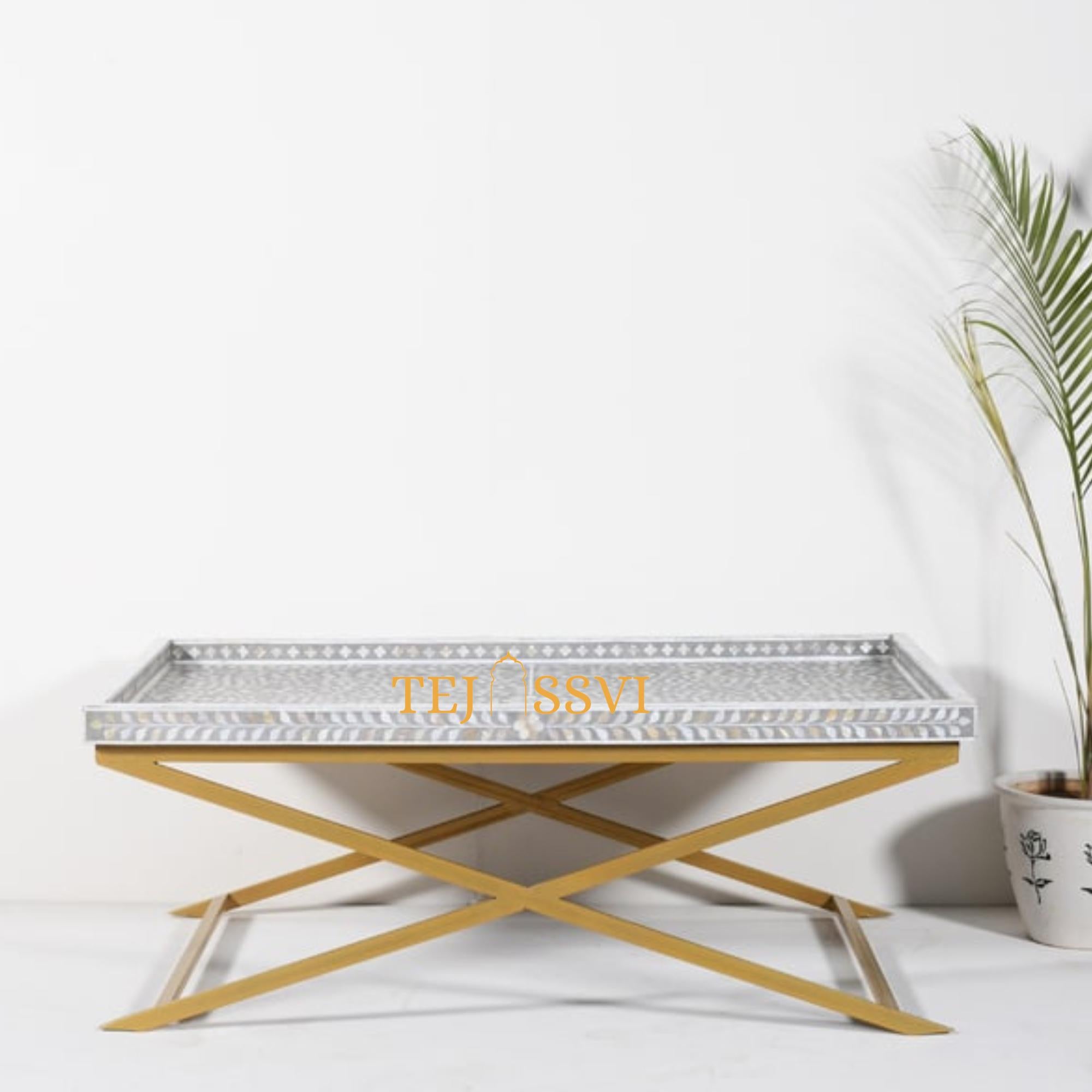 Bone Inlay Coffee Table / Handmade Indian Furniture with Metal Legs / Bone Inlay Luxury Furniture.