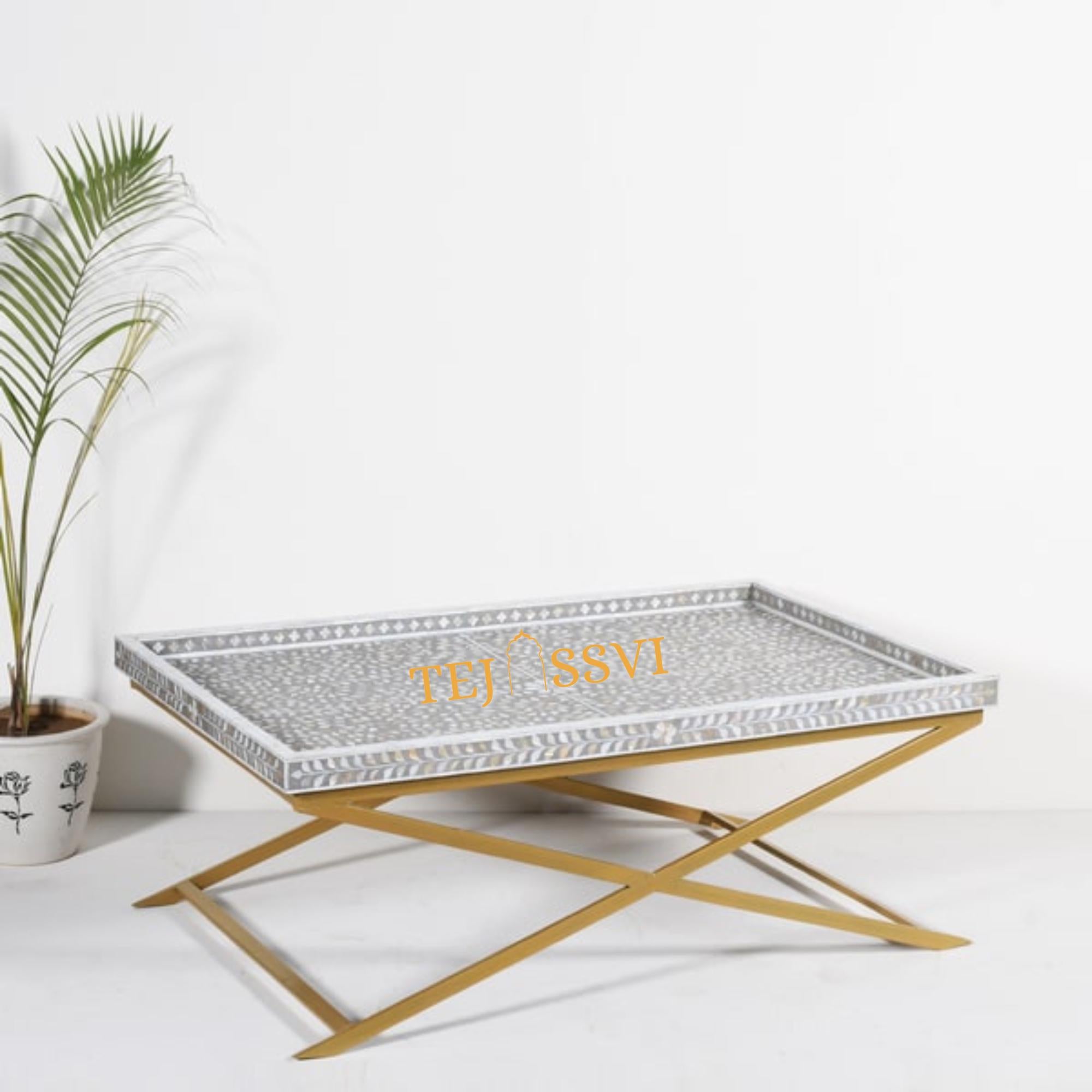 Bone Inlay Coffee Table / Handmade Indian Furniture with Metal Legs / Bone Inlay Luxury Furniture.