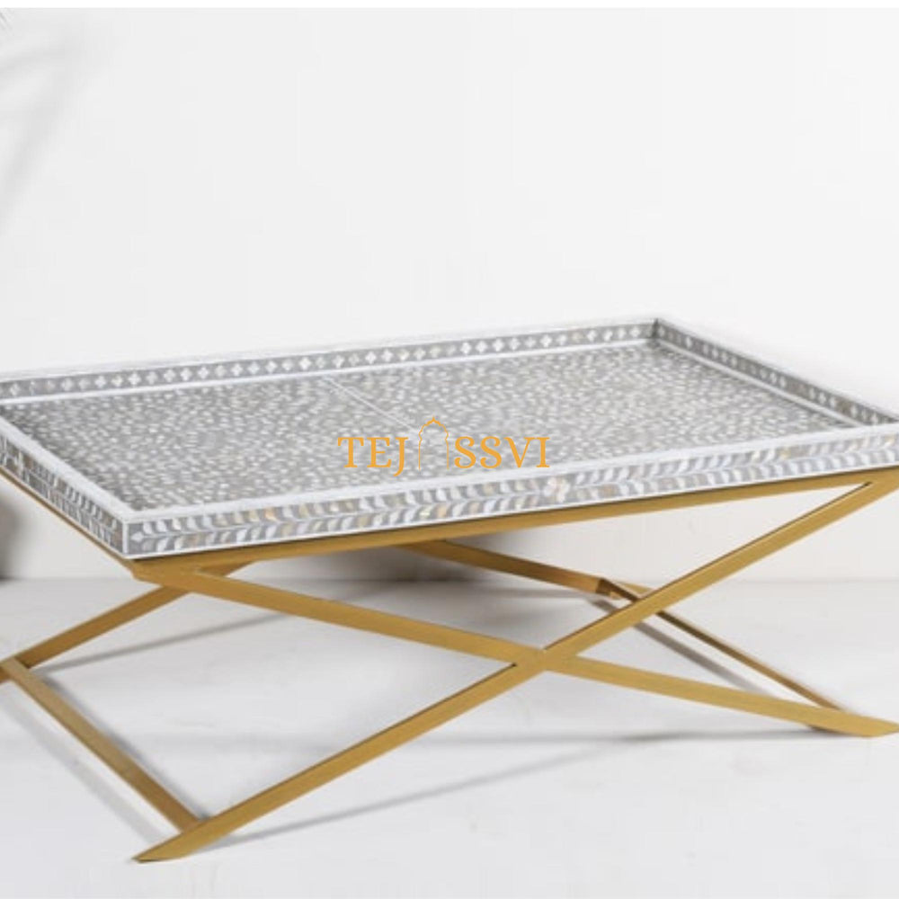Bone Inlay Coffee Table / Handmade Indian Furniture with Metal Legs / Bone Inlay Luxury Furniture.