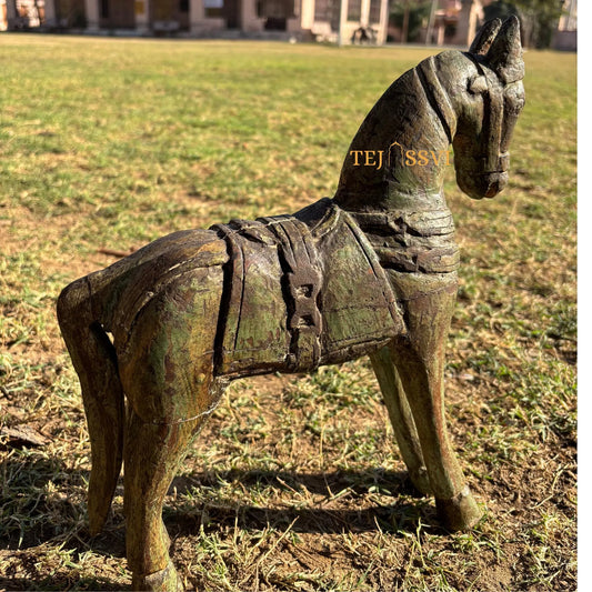 Vintage Hand-Carved Wooden Horse Sculpture: Copper & Brass Decor