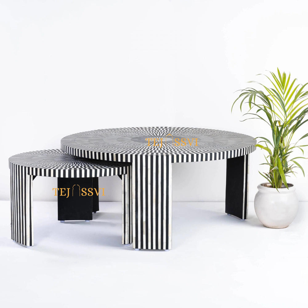 Stripped Design Round Coffee Table Set / Set of 2 Black Bone Inlay Tables / Decorative Round Bone Coffee Tables.