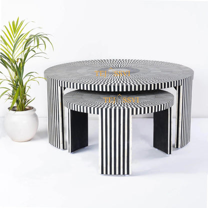 Stripped Design Round Coffee Table Set / Set of 2 Black Bone Inlay Tables / Decorative Round Bone Coffee Tables.
