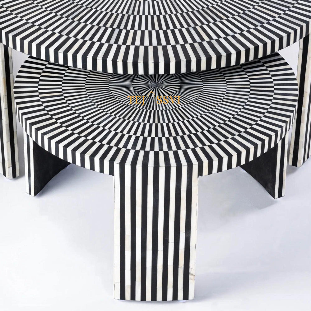 Stripped Design Round Coffee Table Set / Set of 2 Black Bone Inlay Tables / Decorative Round Bone Coffee Tables.