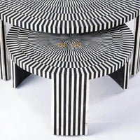 Stripped Design Round Coffee Table Set / Set of 2 Black Bone Inlay Tables / Decorative Round Bone Coffee Tables.
