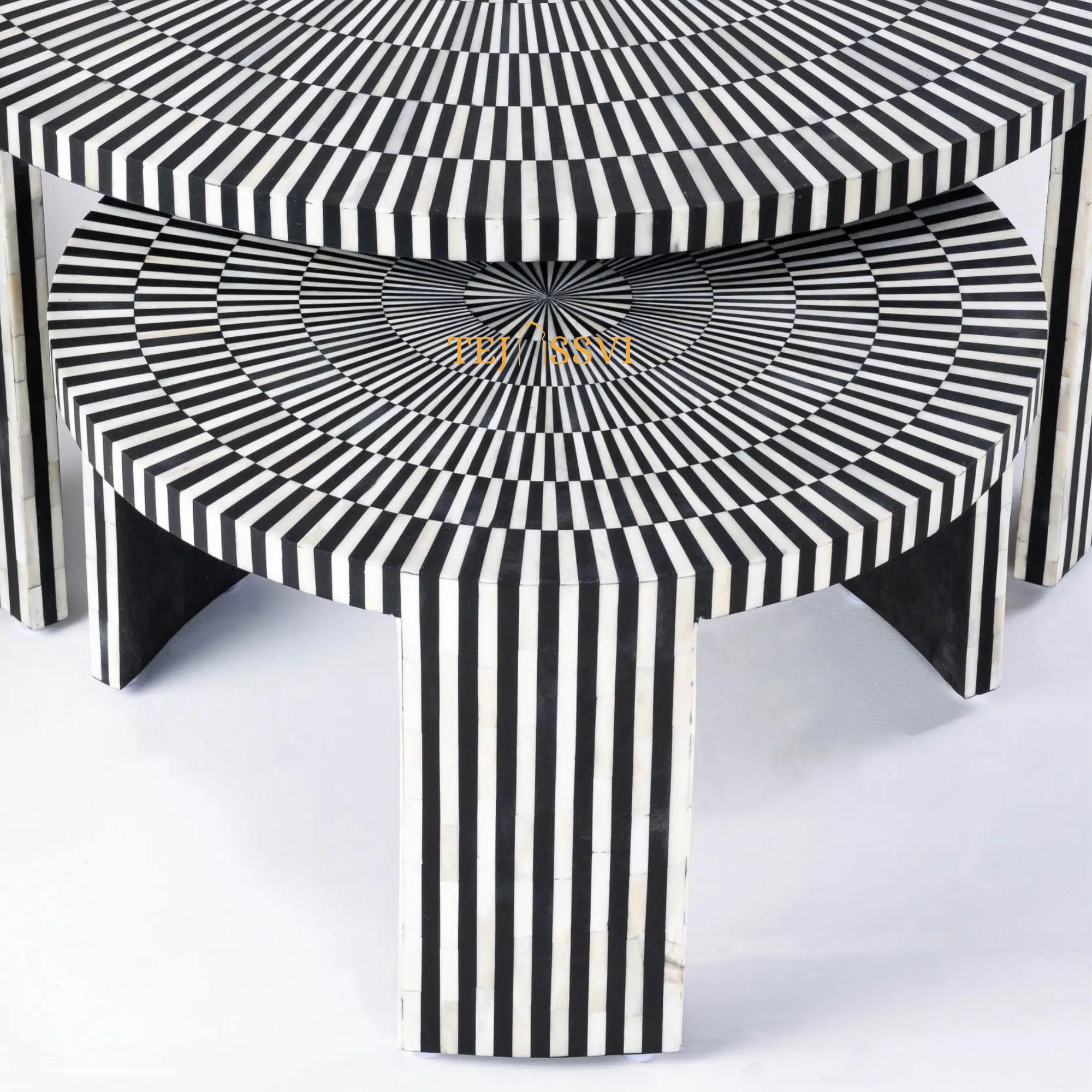 Stripped Design Round Coffee Table Set / Set of 2 Black Bone Inlay Tables / Decorative Round Bone Coffee Tables.