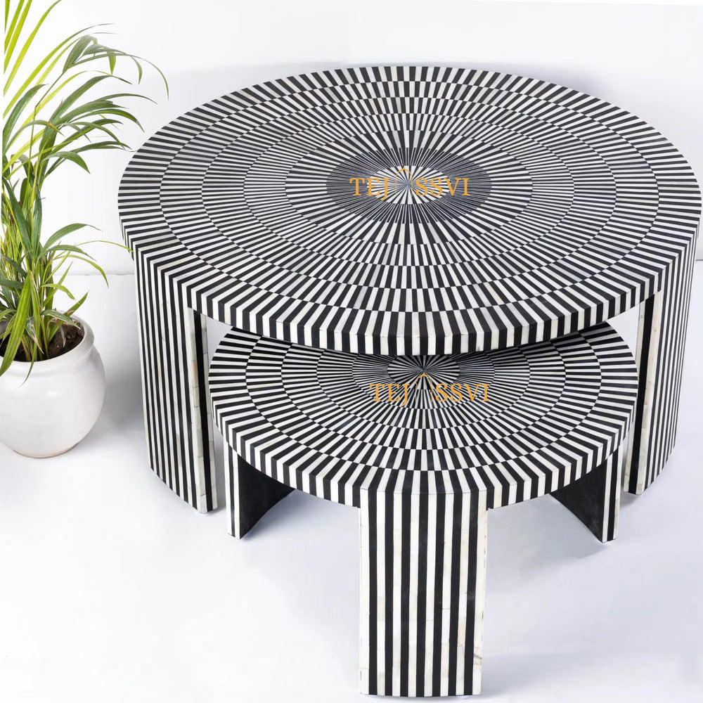 Stripped Design Round Coffee Table Set / Set of 2 Black Bone Inlay Tables / Decorative Round Bone Coffee Tables.