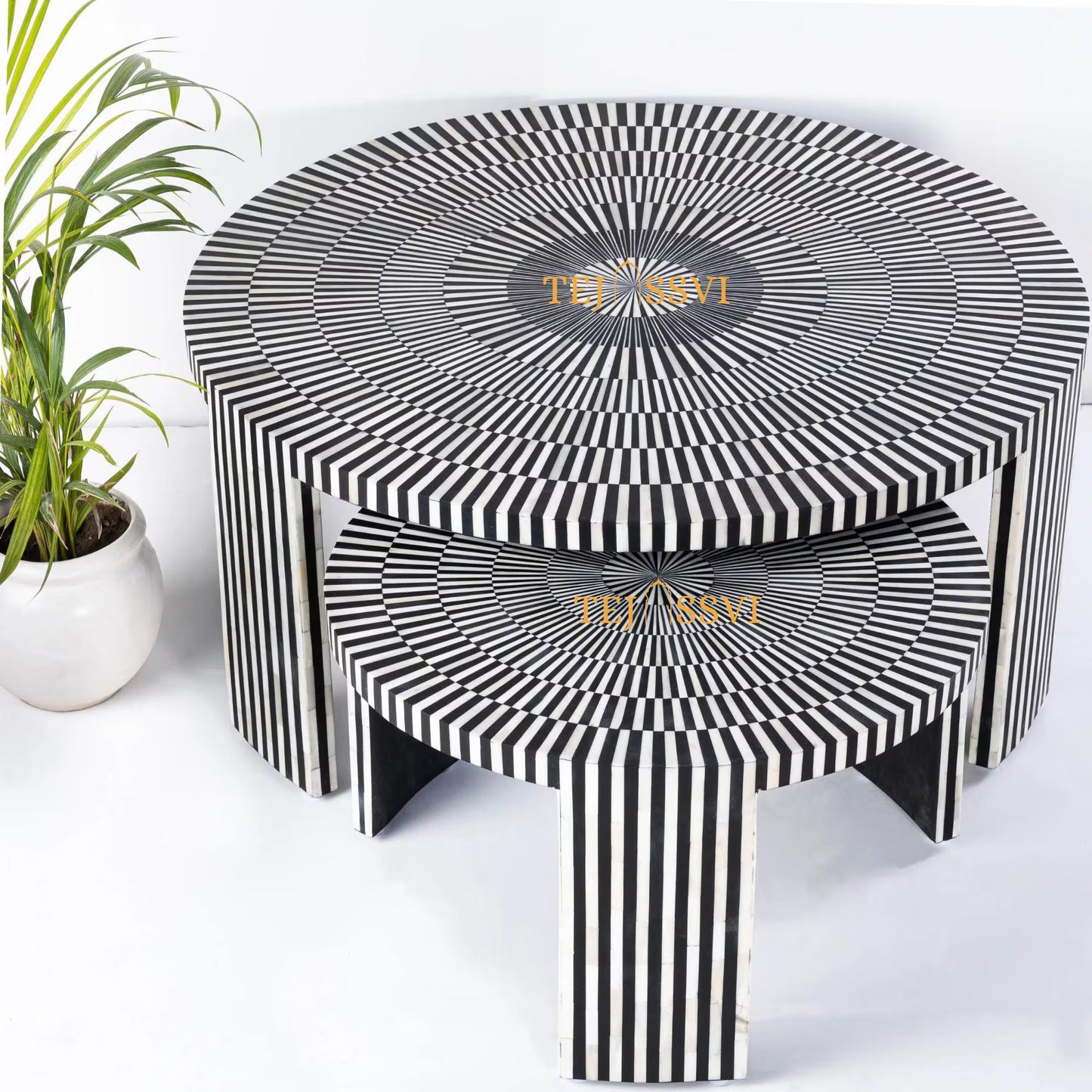 Stripped Design Round Coffee Table Set / Set of 2 Black Bone Inlay Tables / Decorative Round Bone Coffee Tables.