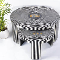 Stripped Design Round Coffee Table Set / Set of 2 Black Bone Inlay Tables / Decorative Round Bone Coffee Tables.