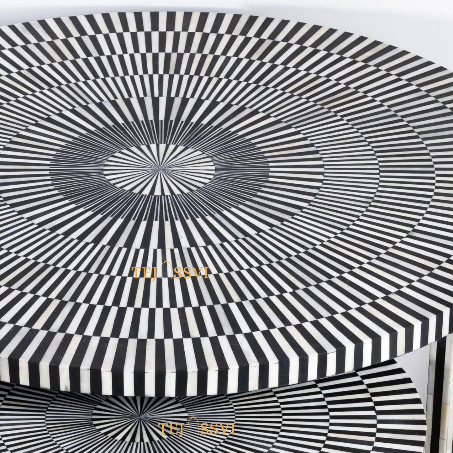 Stripped Design Round Coffee Table Set / Set of 2 Black Bone Inlay Tables / Decorative Round Bone Coffee Tables.