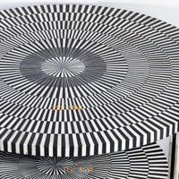 Stripped Design Round Coffee Table Set / Set of 2 Black Bone Inlay Tables / Decorative Round Bone Coffee Tables.