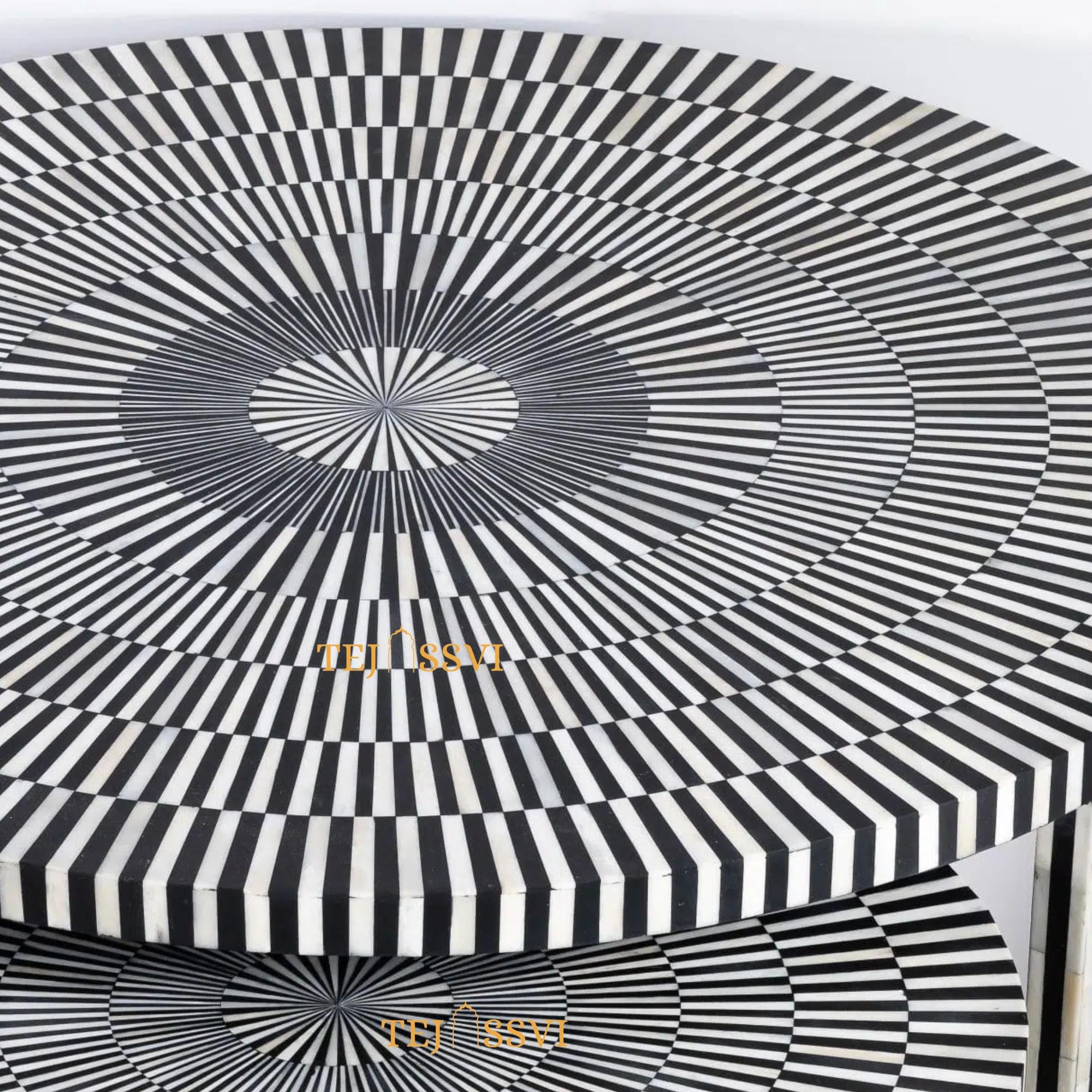 Stripped Design Round Coffee Table Set / Set of 2 Black Bone Inlay Tables / Decorative Round Bone Coffee Tables.