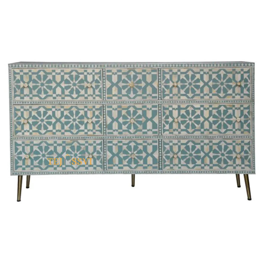 Wooden Bone Inlay Sideboard Unit / Bone Inlay Chest of 9Drawer Dresser / Bone Moroccan Inlay 9 Drawers Chest of Drawers.
