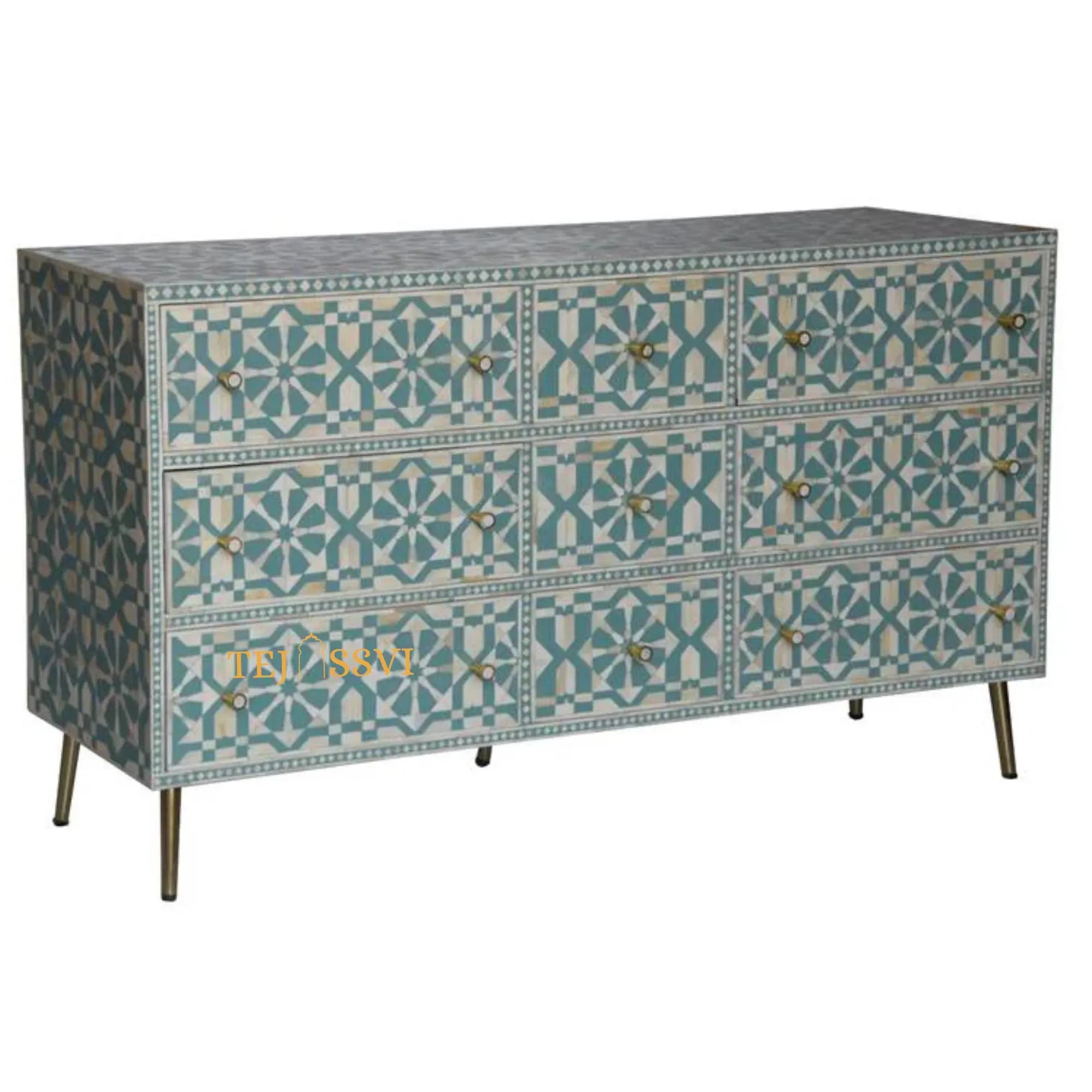 Wooden Bone Inlay Sideboard Unit / Bone Inlay Chest of 9Drawer Dresser / Bone Moroccan Inlay 9 Drawers Chest of Drawers.