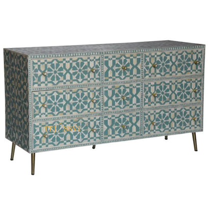 Bone Inlay Furniture Sideboard Unit. Bone Inlay Chest of 9Drawer Dresser, Bone Moroccan Inlay 9 Drawers Chest of Drawers,
