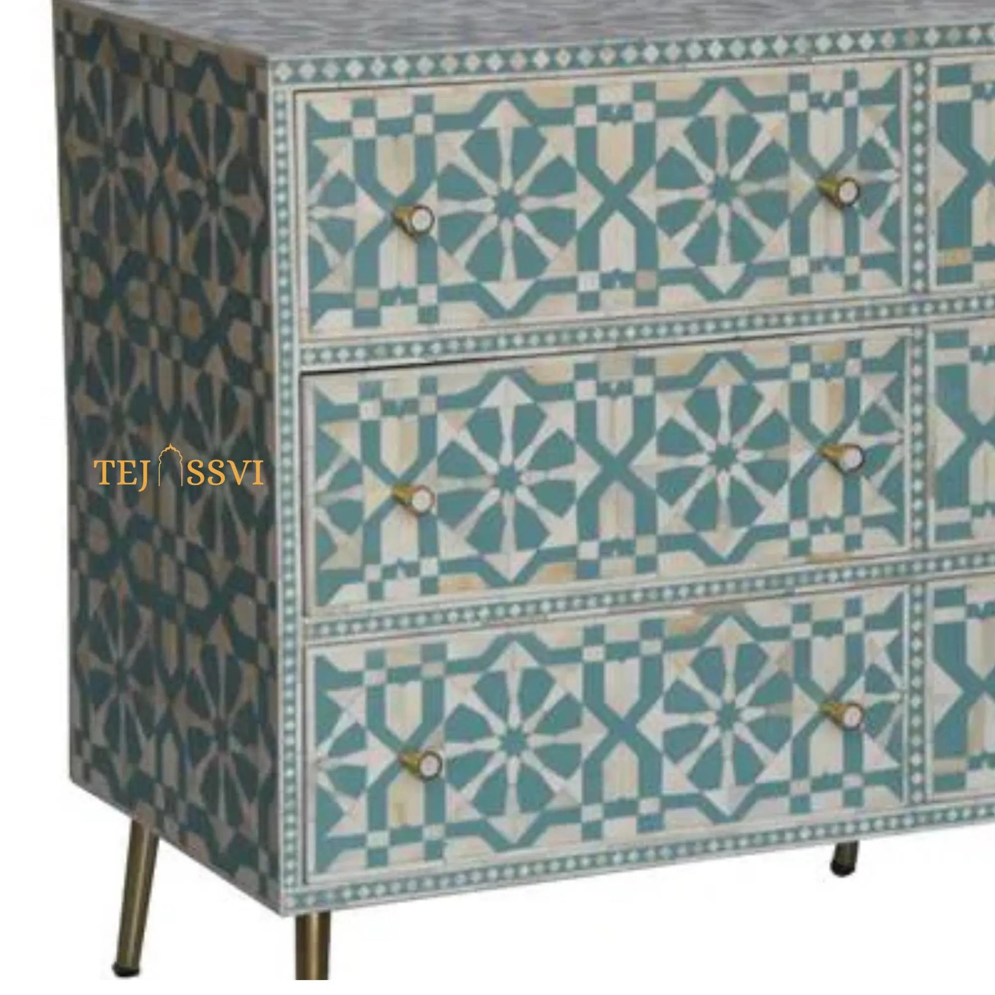 Wooden Bone Inlay Sideboard Unit / Bone Inlay Chest of 9Drawer Dresser / Bone Moroccan Inlay 9 Drawers Chest of Drawers.