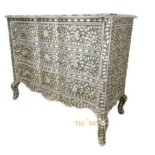 Hand made Indian Mother of Pearl Inlay Table: Floral 9-Drawer Living Room Furniture MOP inlay furniture