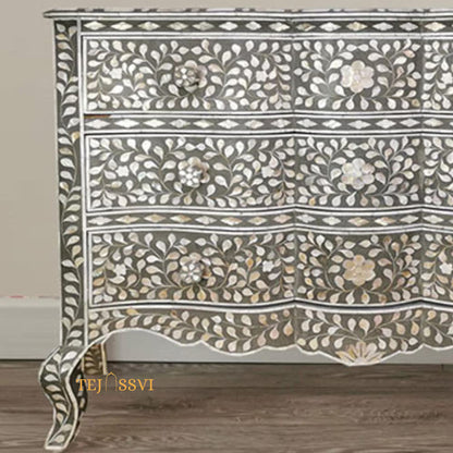 Hand made Indian Mother of Pearl Inlay Table: Floral 9-Drawer Living Room Furniture MOP inlay furniture