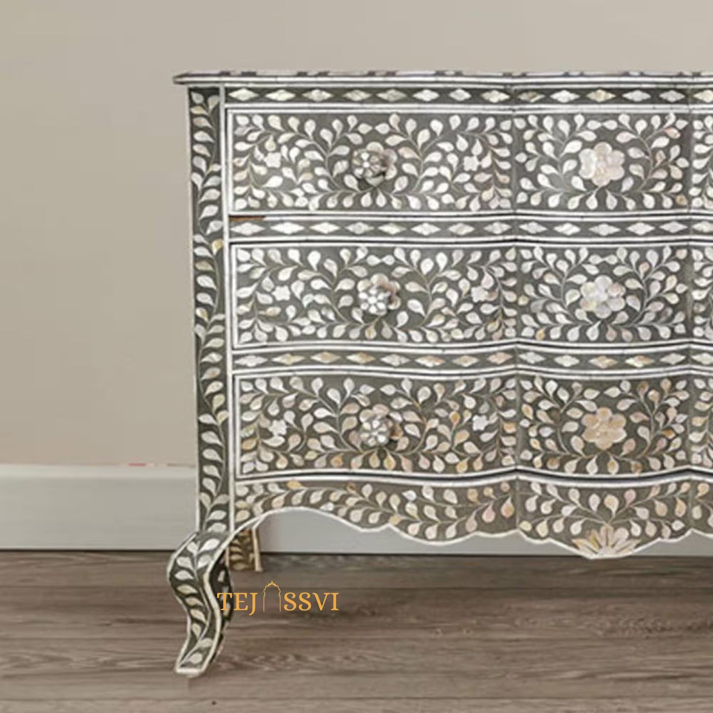 Hand made Indian Mother of Pearl Inlay Table: Floral 9-Drawer Living Room Furniture MOP inlay furniture