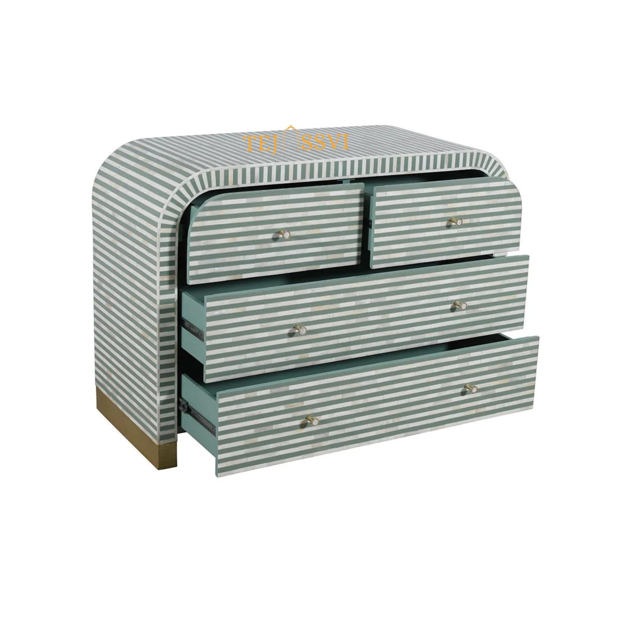 Bone Inlay Sideboard Striped Pattern Media Cabinet / Handmade Indian Dresser / Bone Inlay Luxury Furniture.