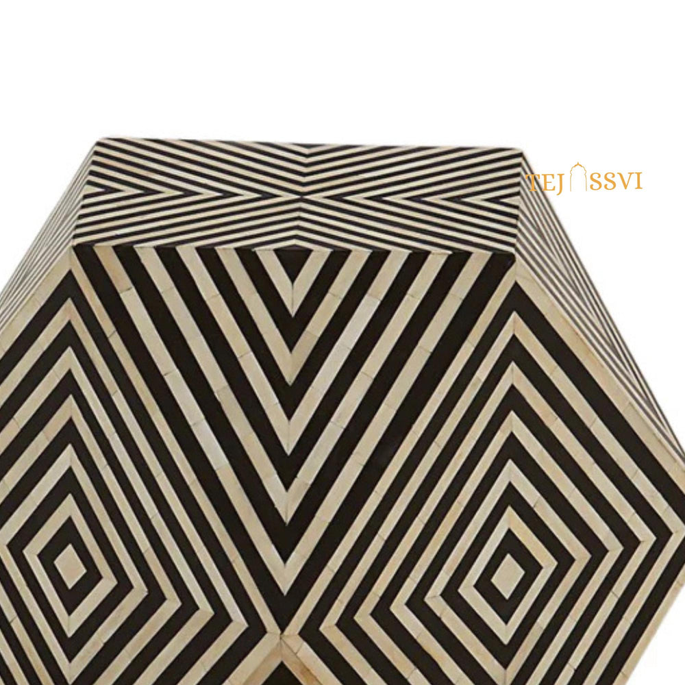 Wooden Bone Inlay Hexagon Design Nightstand / Bone Inlay Sofa Table / Modern Diamond Coffee Table / Bone Side Table – Handmade Accent Furniture.
