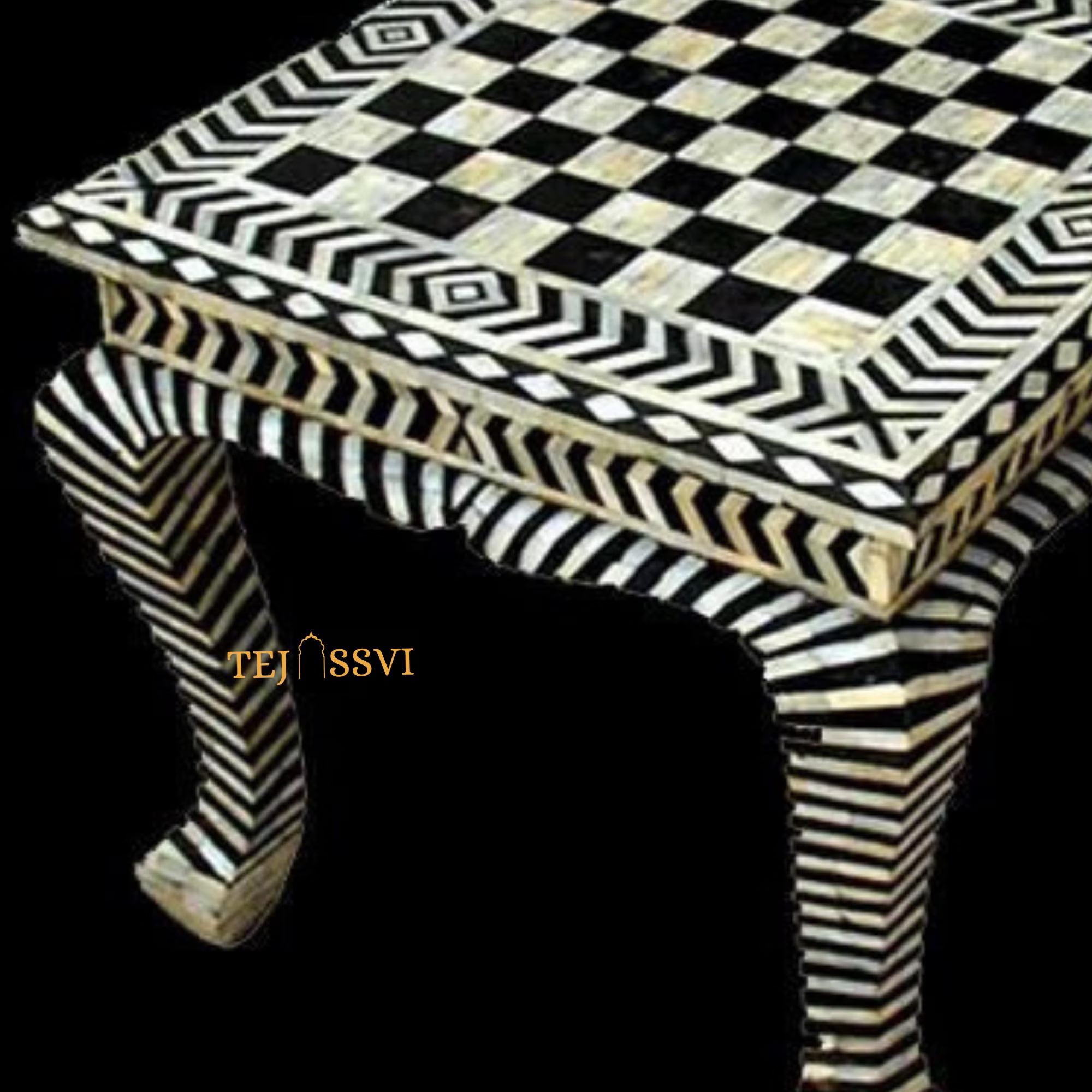Handmade Bone Inlay Floral Black Coffee Table | Bone Inlay Table| Modern Luxury Furniture
