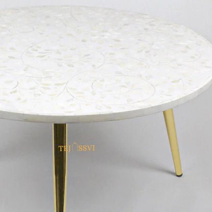 BONE Inlay Round Coffee Table / Centre Table, Bone Inlay Floral Round Coffee Table Handmade Bone Inlay Modern Pattern Furniture.