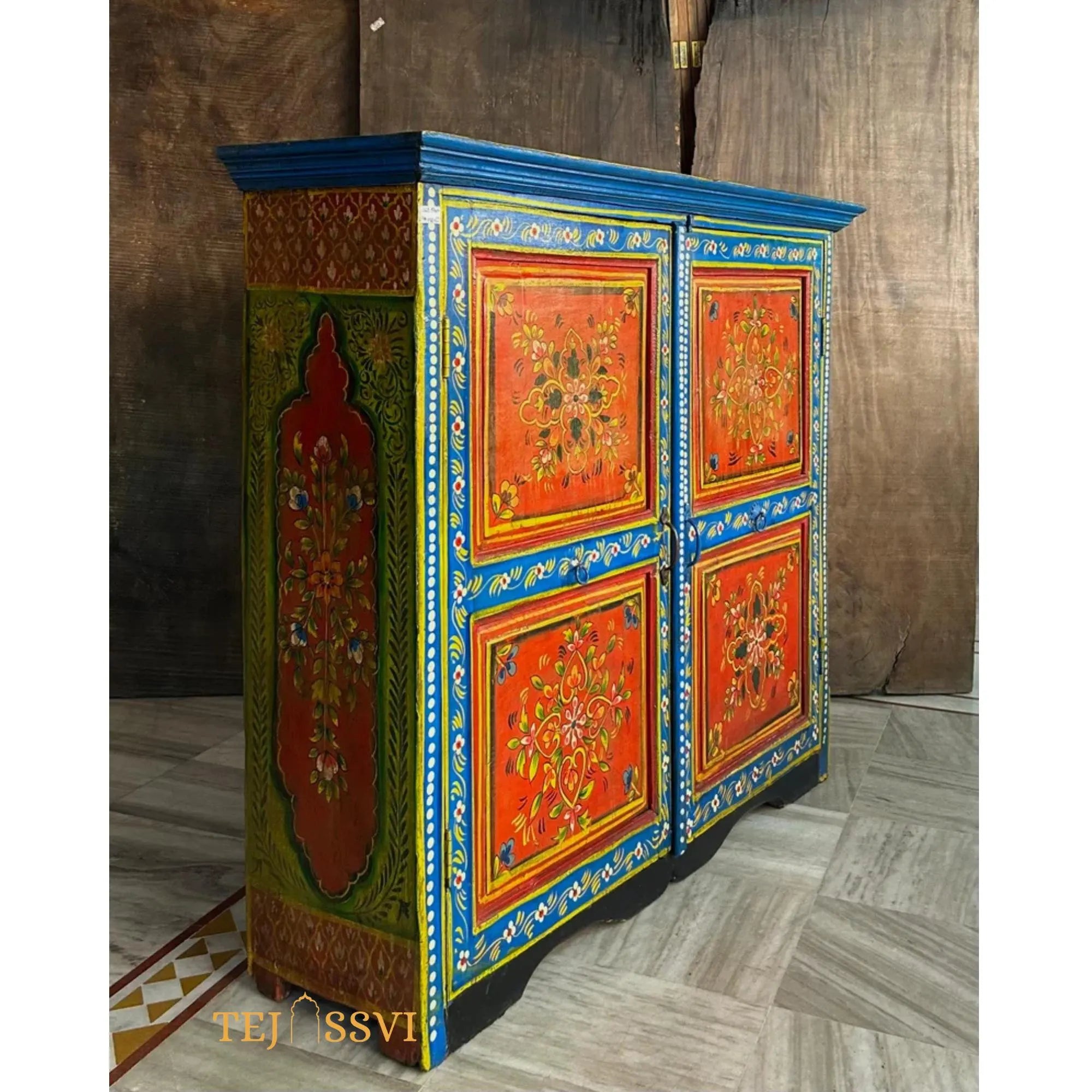 Indian Floral Designed Side Storage Wooden Cabinet / Side Table / Hand Painted Wooden Big Cabinet / Living Room Furniture.