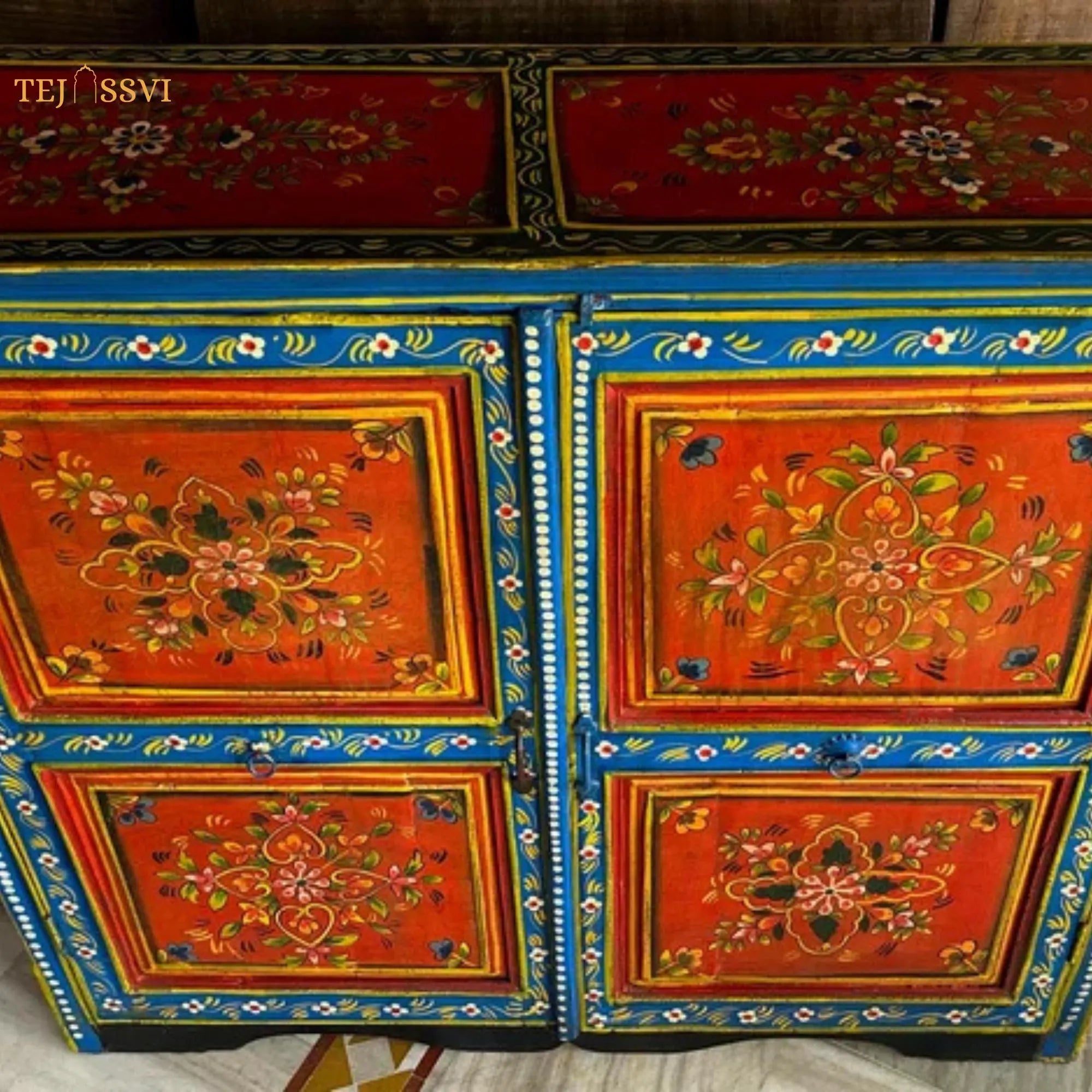 Indian Floral Designed Side Storage Wooden Cabinet / Side Table / Hand Painted Wooden Big Cabinet / Living Room Furniture.
